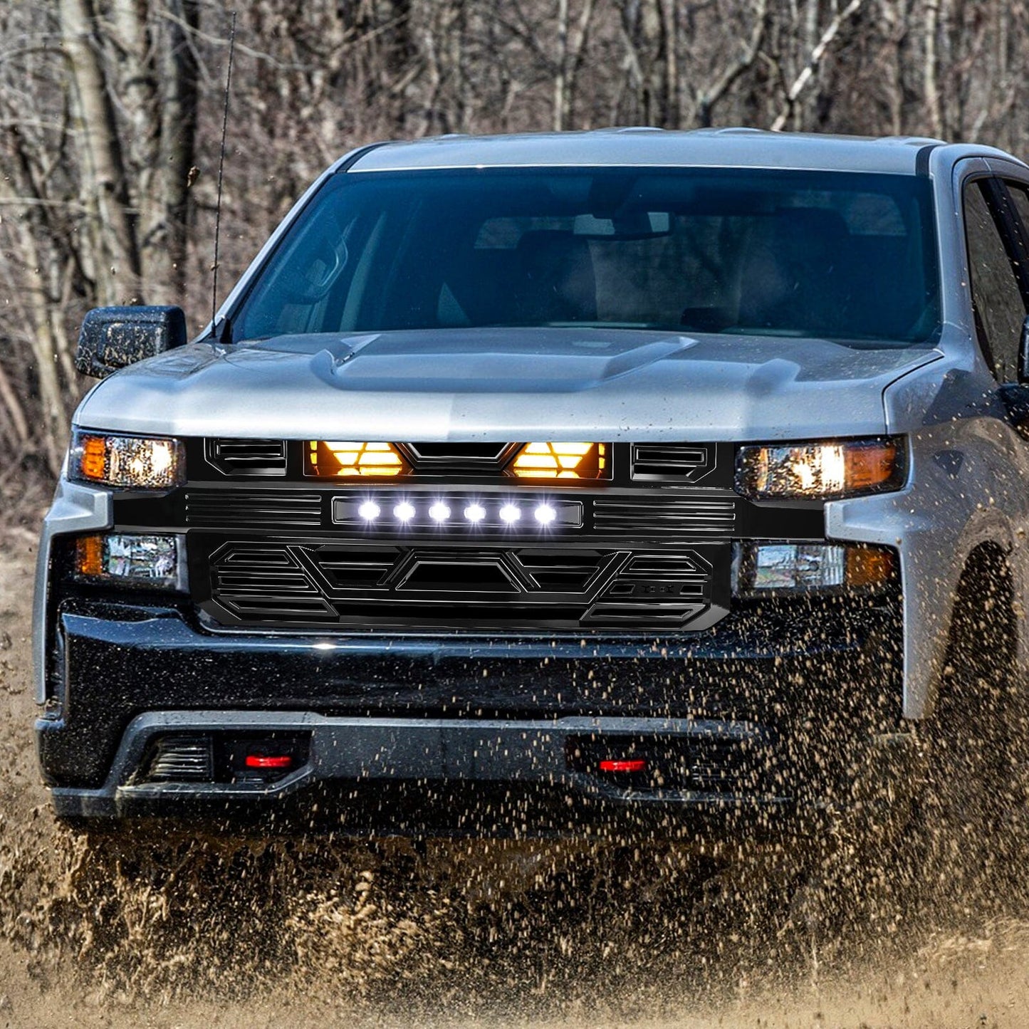 Armor Front Grille W/ Off-Road Lights & Amber Lights - Glossy Black For 2019-2021 Chevy Silverado 1500 | Amoffroad
