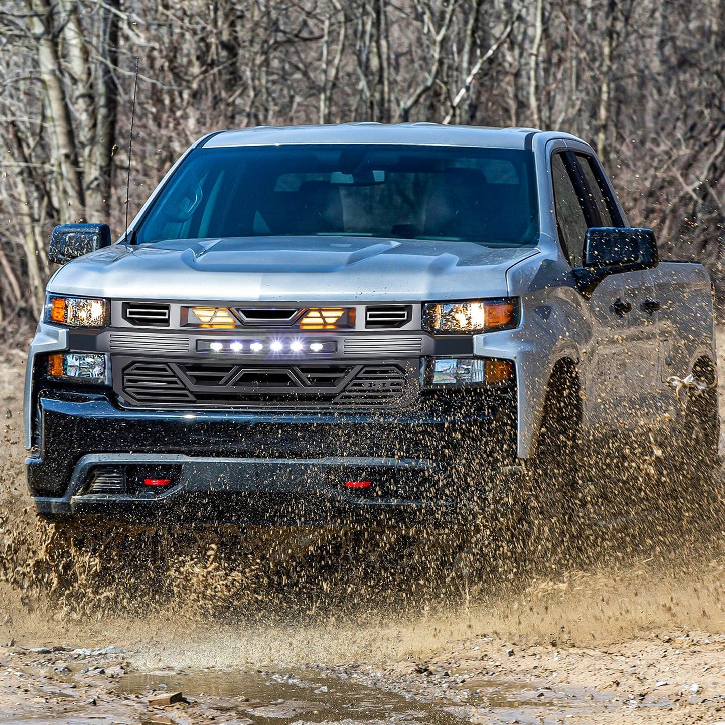 Armor Front Grille W/ Off-Road Lights & Amber Lights - Matte Black For 2019-2021 Chevy Silverado 1500 | Amoffroad