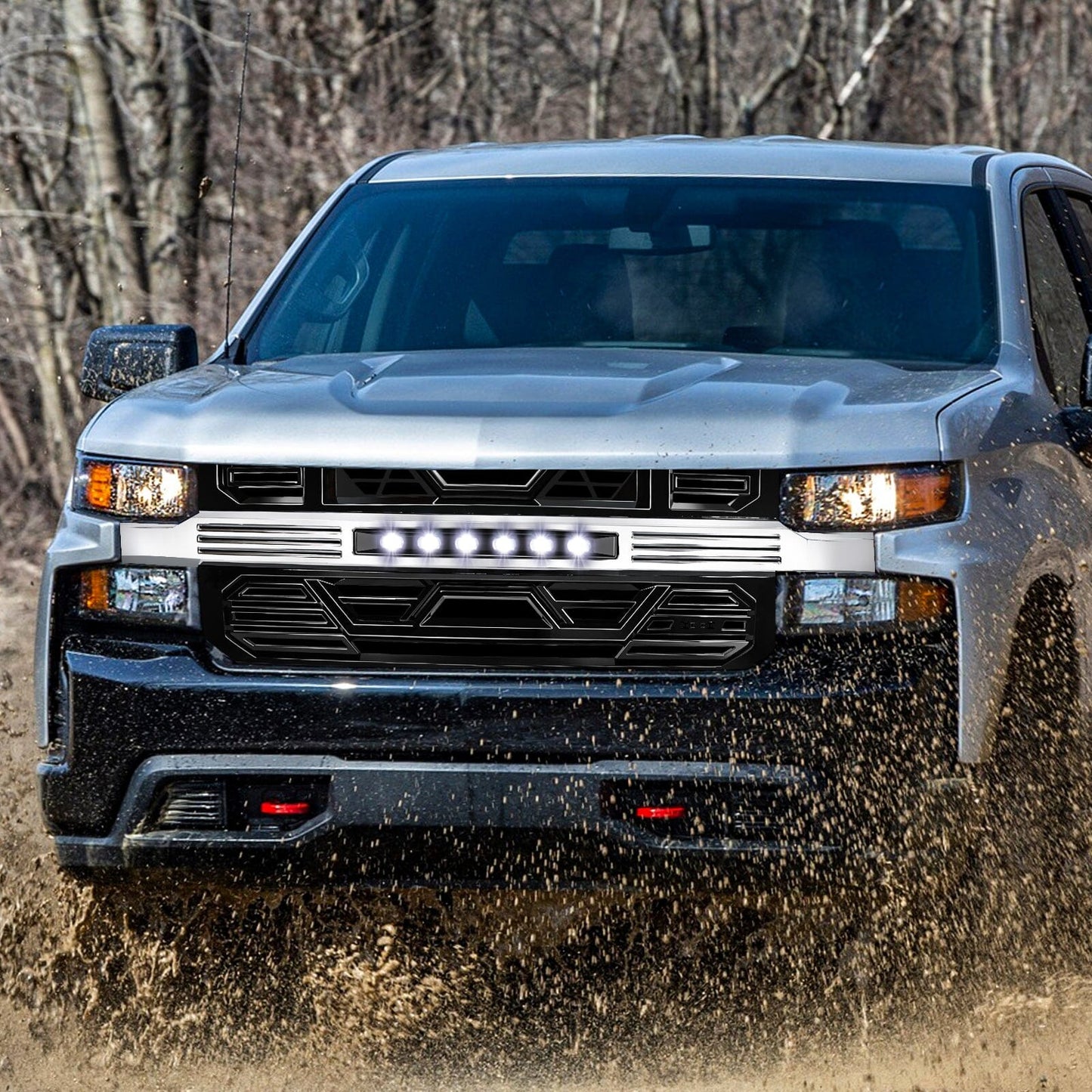 Armor Front Grille W/ Off-Road Lights No Amber Lights - Chrome Glossy Black For 2019-2021 Chevy Silverado 1500| Amoffroad