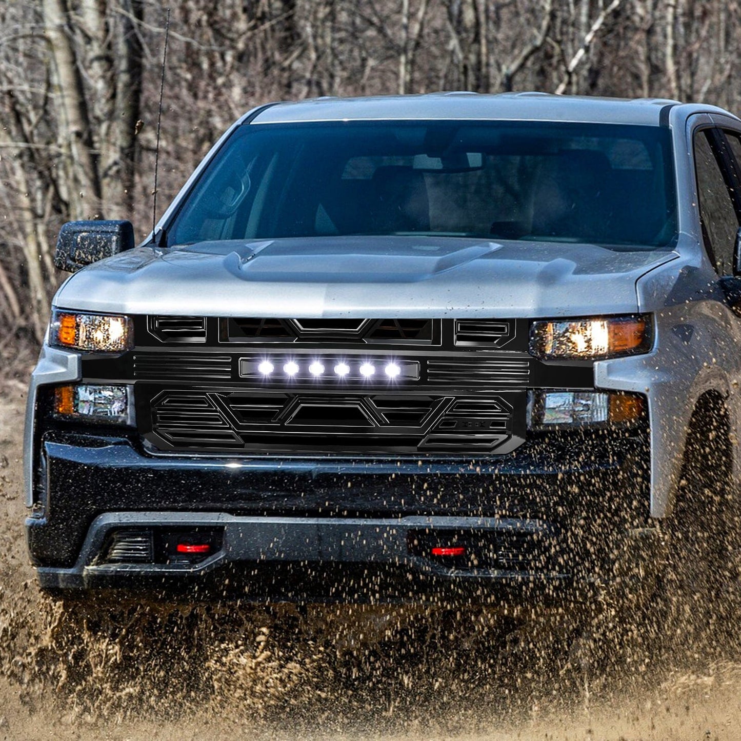 Armor Front Grille W/ Off-Road Lights No Amber Lights - Glossy Black For 2019-2021 Chevy Silverado 1500|Amoffroad