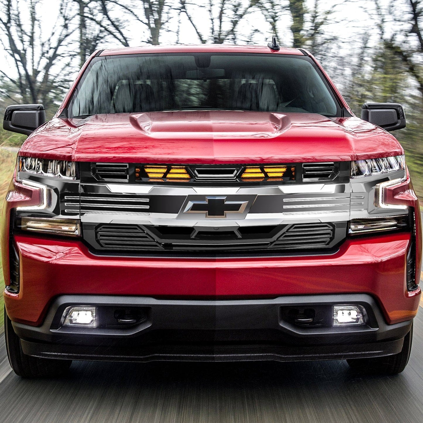 Armor Grille W/ Amber Lights & Emblem Holder - Chrome Glossy Black For 2019-2021 Chevy Silverado 1500|Amoffroad