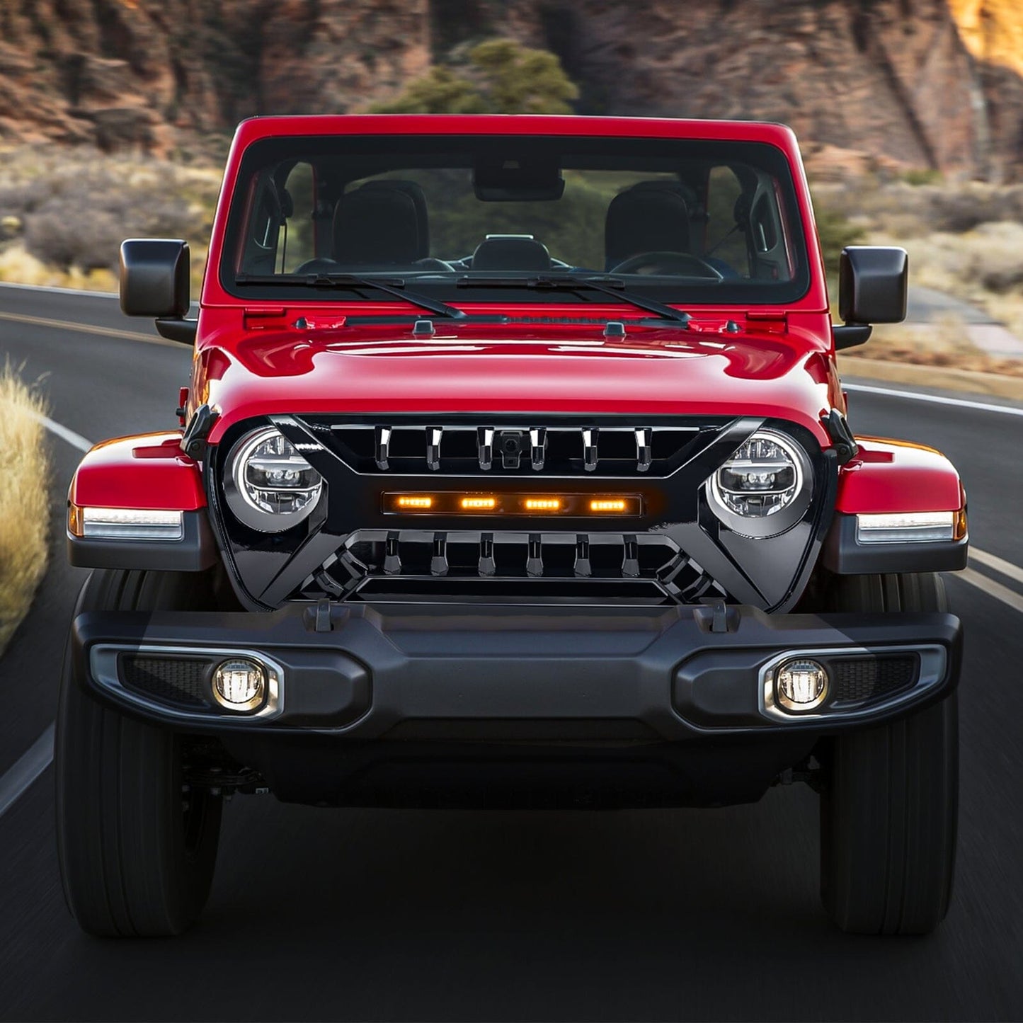 Armor Grille W/ Amber Lights - Glossy Black For 18-23 Jeep Wrangler JL & Gladiator JT| Amoffroad