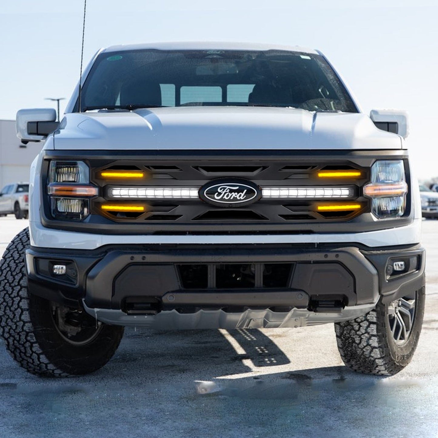 Armor Grille w/ DRL, Amber Lights & OEM Emblem Hole - Matte Black For 24+ Ford F150 | AM Off-Road