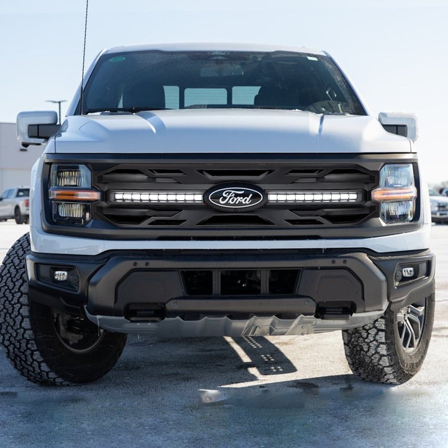 Armor Grille w/ DRL & OEM Emblem Hole - Matte Black For 24+ Ford F150 | AM Off-Road