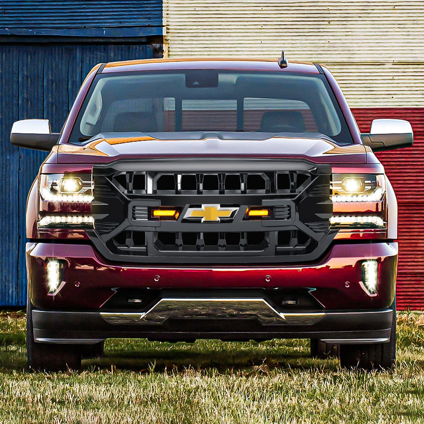 Armor Grille W/ Emblem Base - Glossy Black for 16-19 Chevy Silverado 1500| Amoffroad