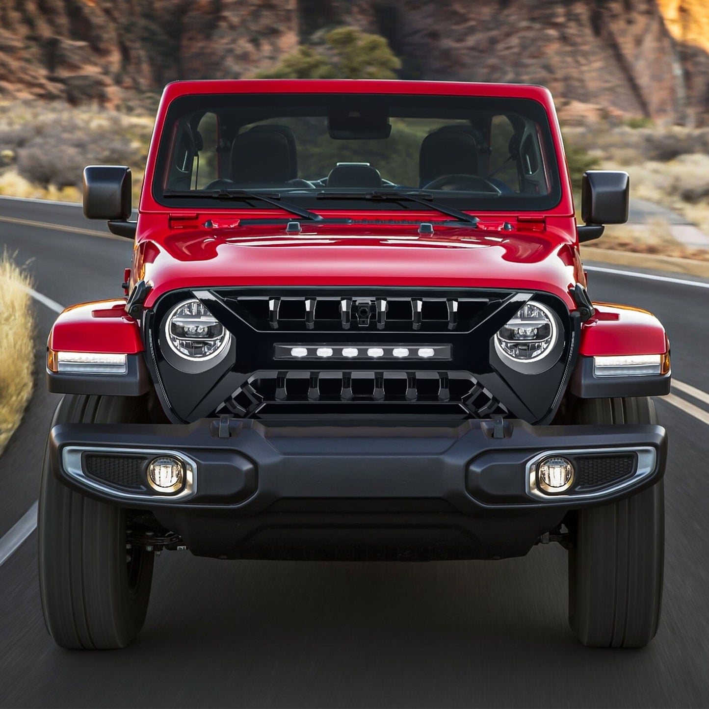 Armor Grille W/ Off-Road Lights - Glossy Black For 18-23 Jeep Wrangler JL & Gladiator JT| Amoffroad