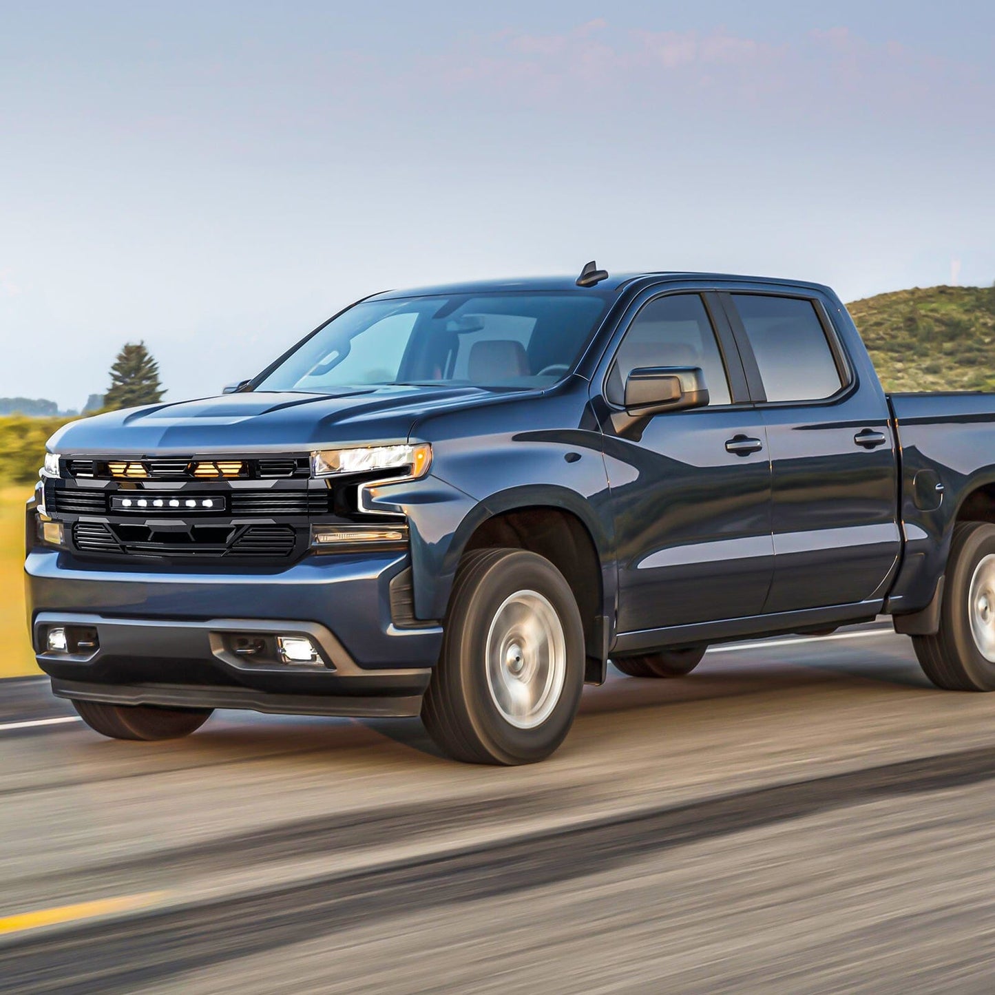 Armor Grille W/ Off-Road Lights - Glossy Black For 2019-2021 Chevy Silverado 1500| Amoffroad