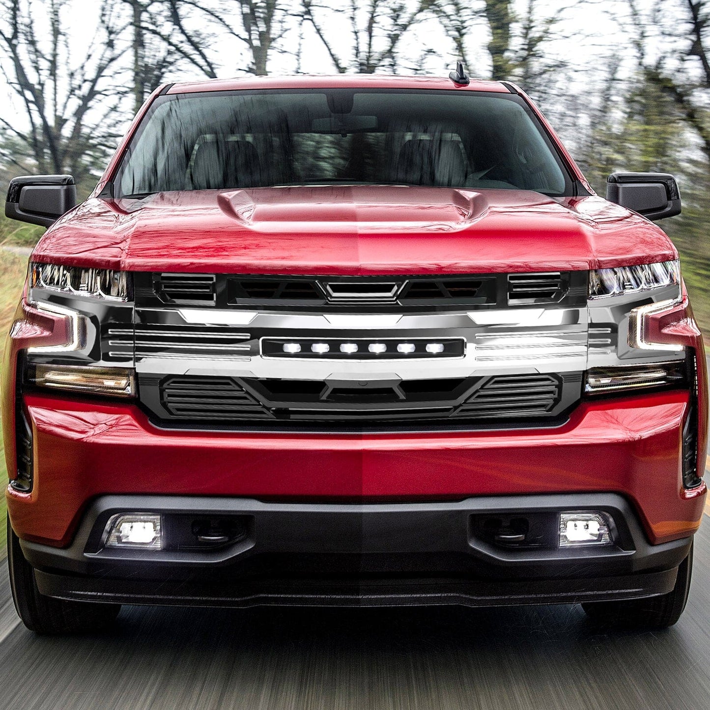 Armor Grille W/ Off-Road & No Amber Lights- Chrome Glossy Black For 2019-2021 Chevy Silverado 1500| Amoffroad