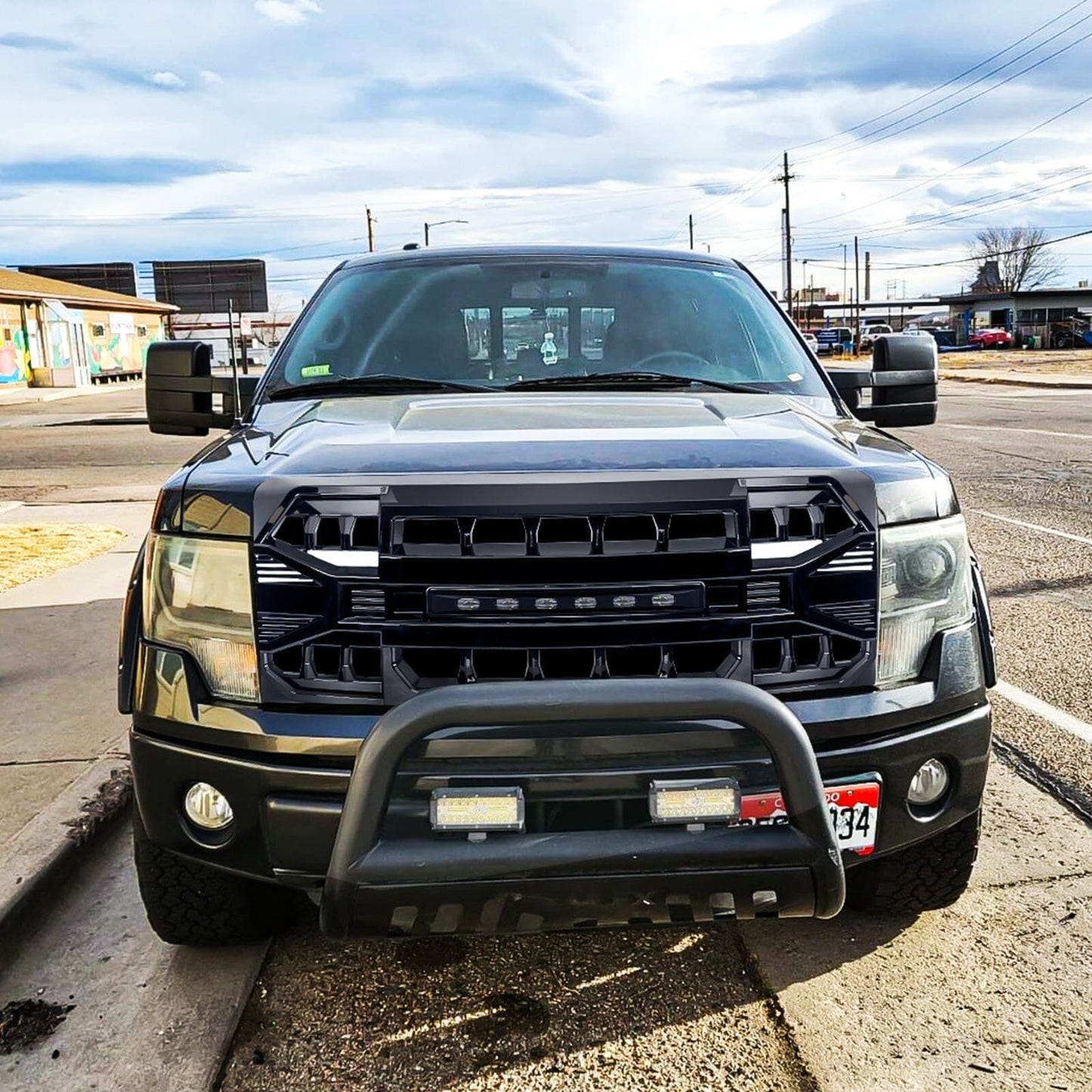 Armor Grille W/Off-Road Lights - Glossy Black For 2009-2014 Ford F150|Amoffroad