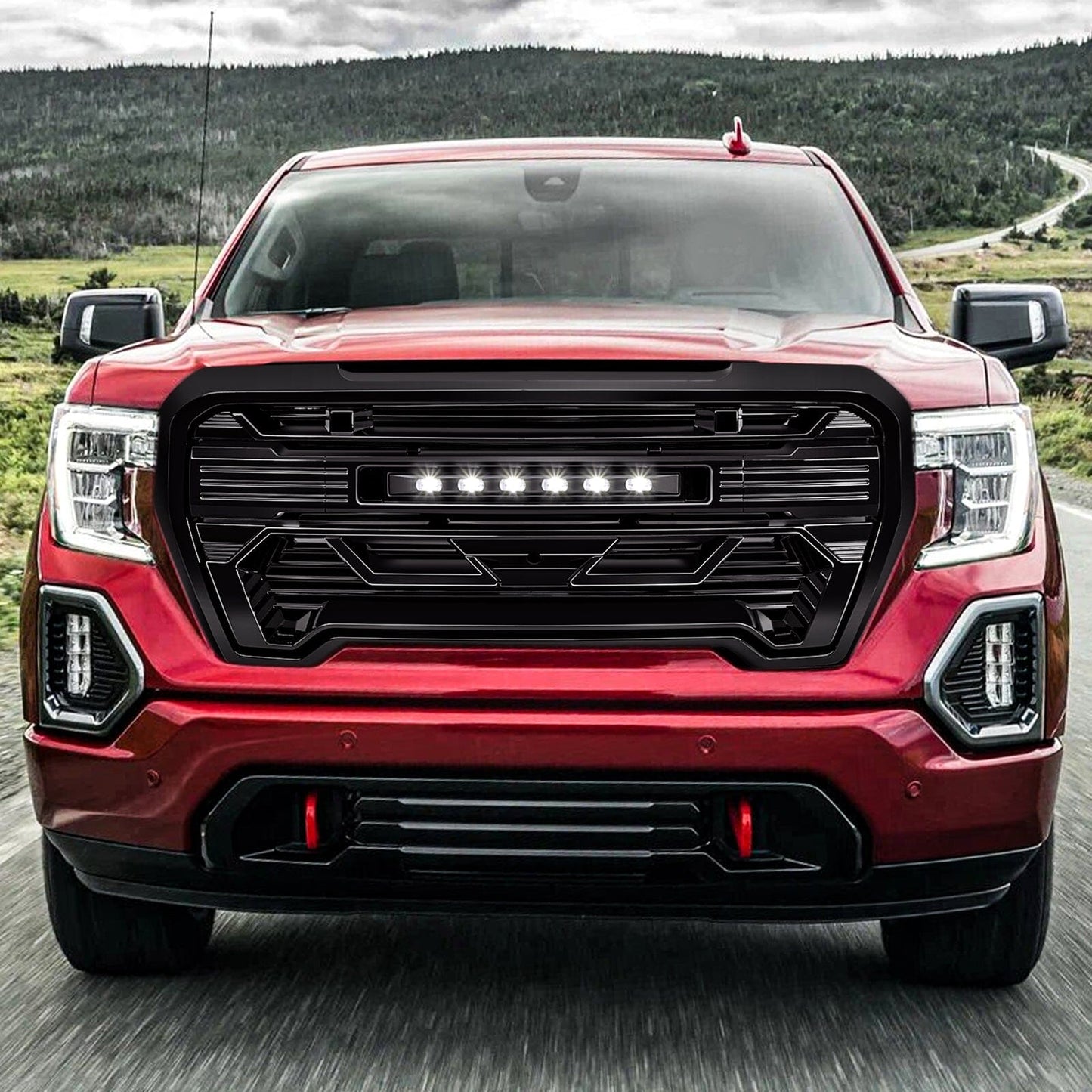 Armor Grille W/Off-Road Lights - Glossy Black For 2019-2021 GMC Sierra 1500 | Amoffroad