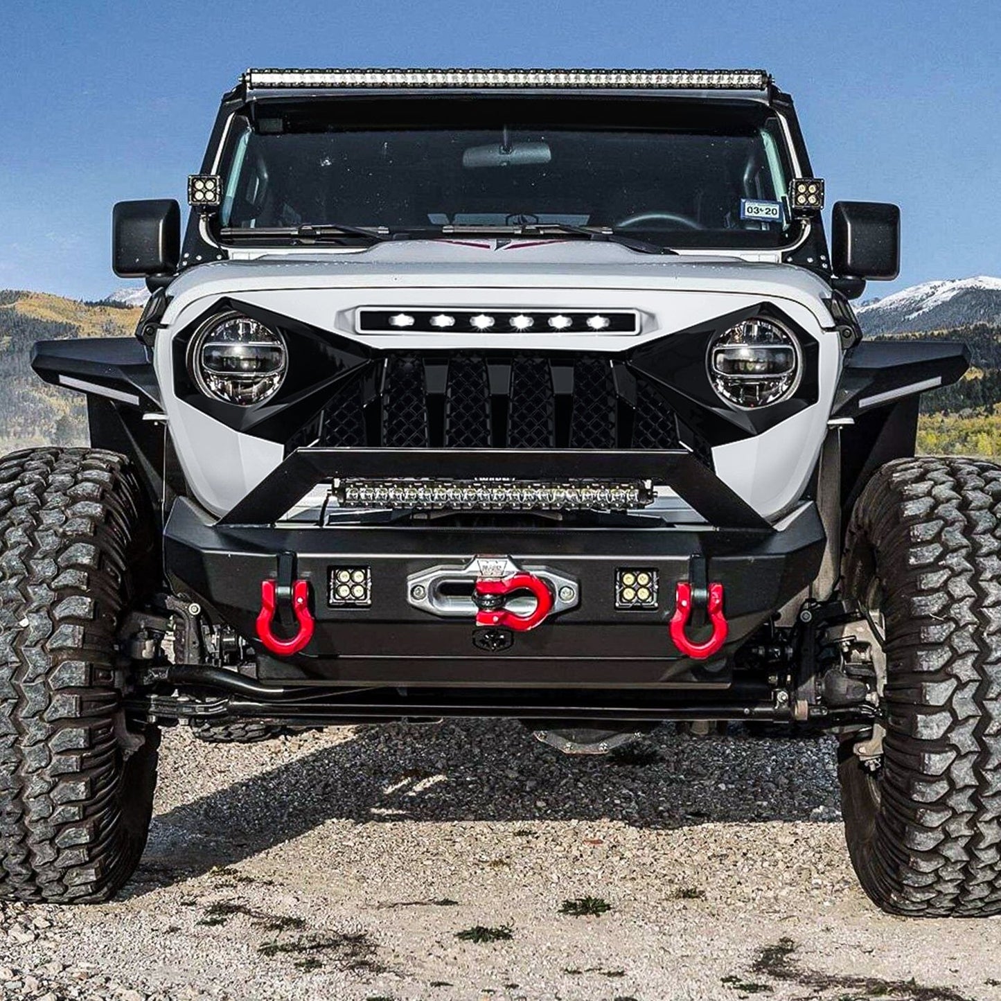 Demon Grille W/ Led Off-Road Lights-White & Black For 18-23 Jeep Wrangler Jl & Gladiator Jt W/O Trailcam| Amoffroad