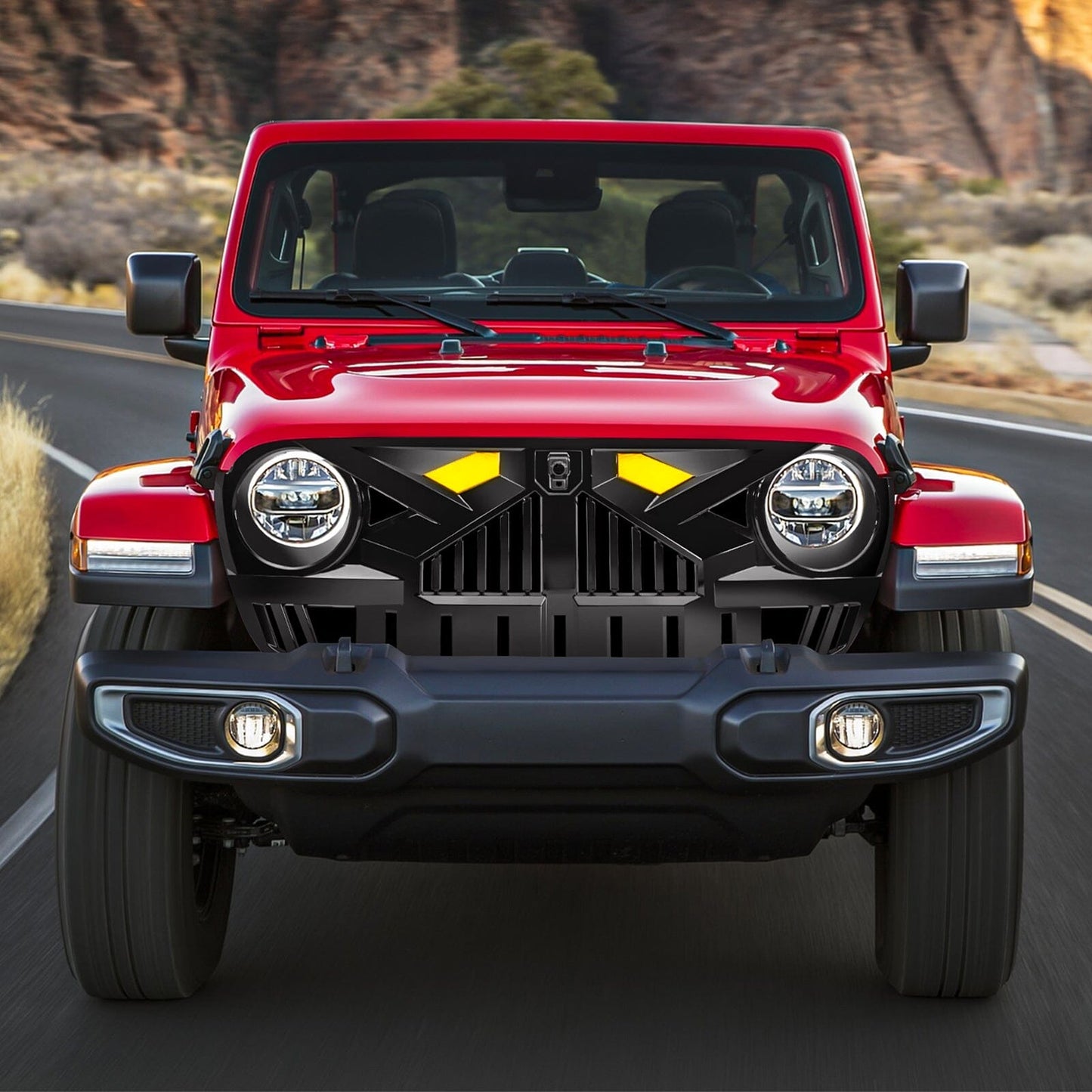 Empire Grille W/ Amber Lights & Camera Bracket - Glossy Black for 18-23 Jeep Wrangler JL & Gladiator JT|Amoffroad