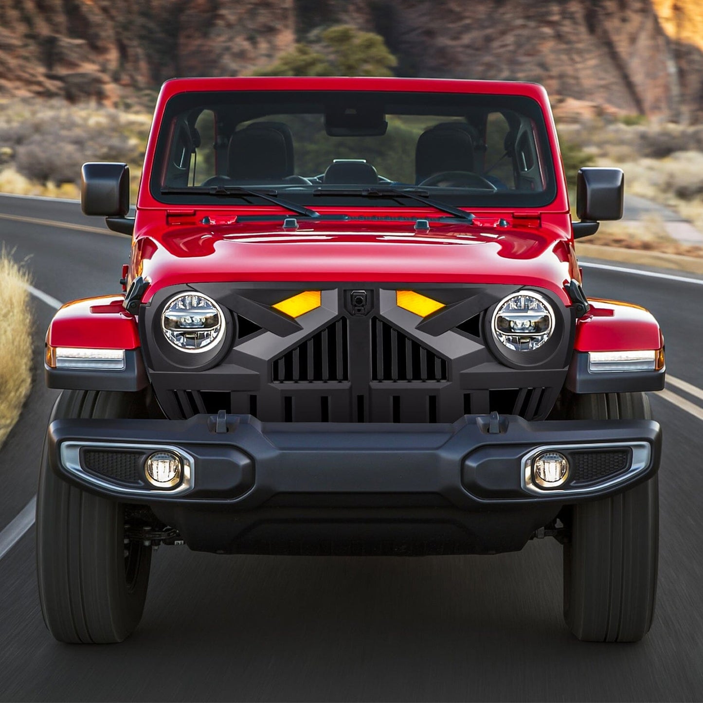 Empire Grille W/ Amber Lights & Camera Bracket - Matte Black For 18+ Jeep Wrangler JL & Gladiator JT