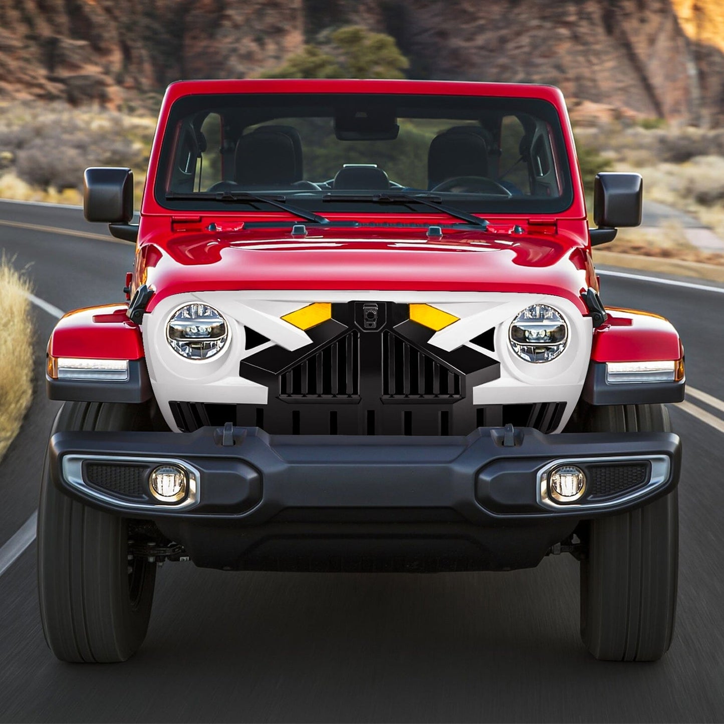 Empire Grille W/ Amber Lights & Camera Bracket - White & Black for 18-23 Jeep Wrangler JL & Gladiator JT | Amoffroad