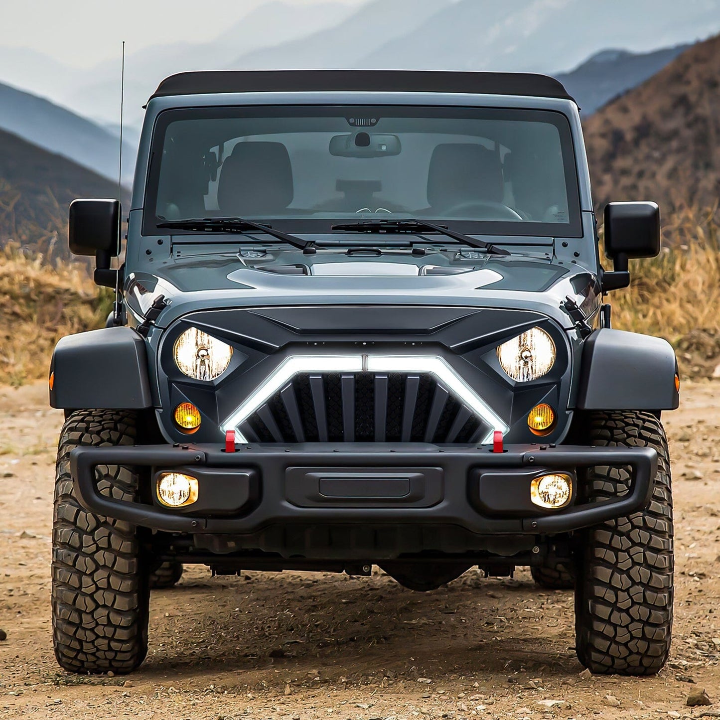Goliath Grille w/ LED DRL and Turn Signals - Matte Black For 07-18 Jeep Wrangler JK | AM Off-Road