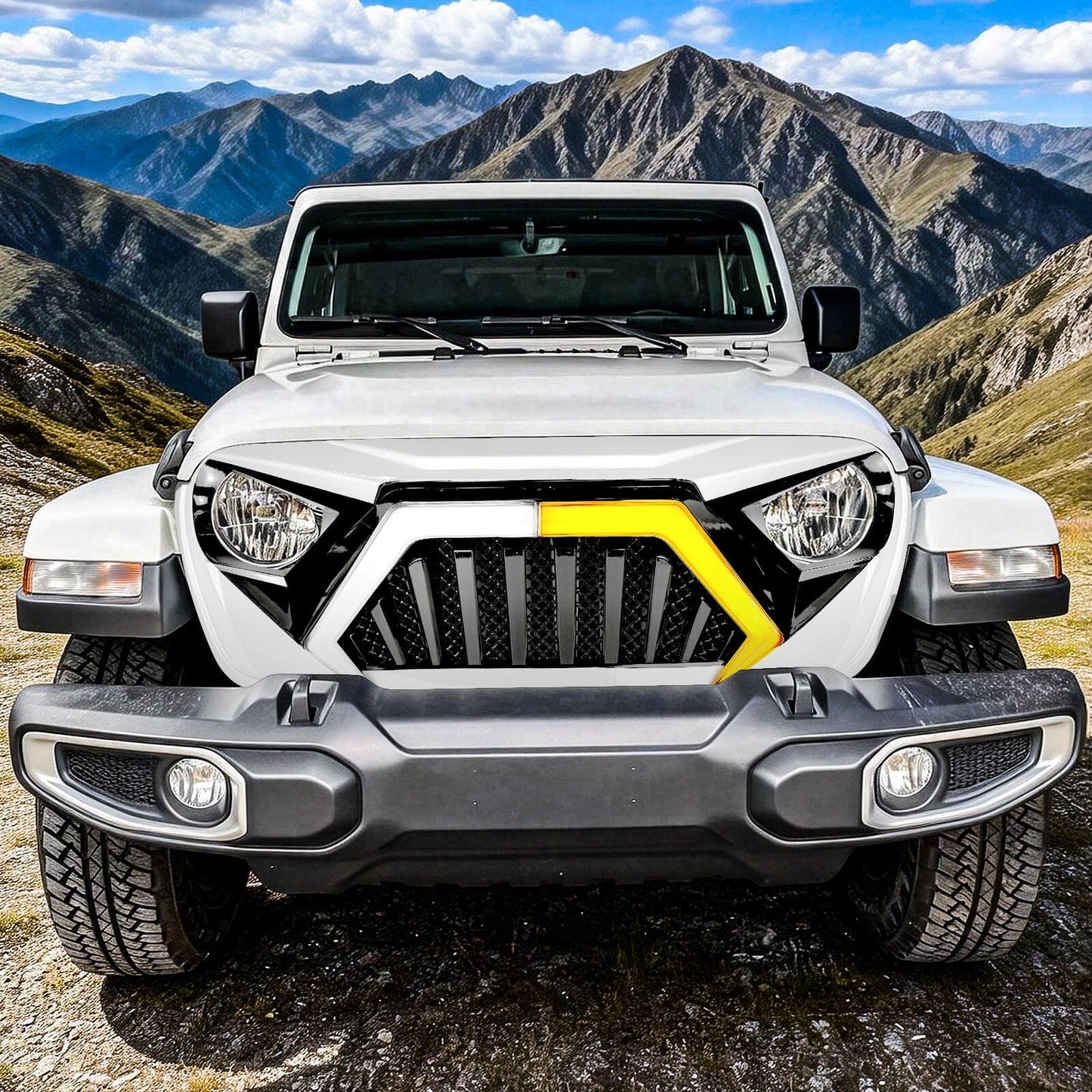 Goliath Grille W/ LED DRL and Turn Signals - White & Black For 18+ Jeep Wrangler JL & Gladiator JT | Amoffroad