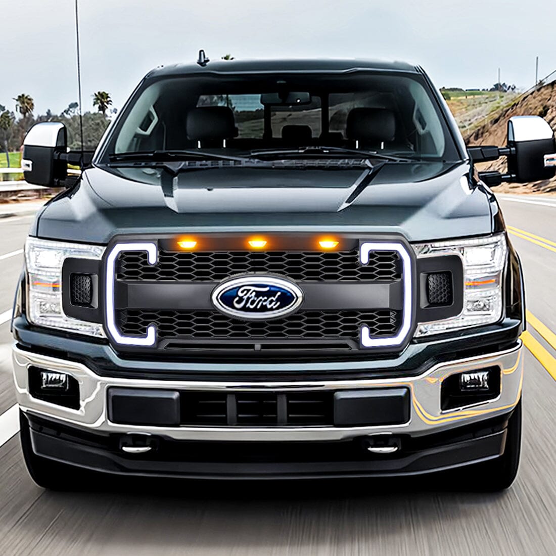 Raptor Style Mesh Grille W/Drl & Turn Signal Lights Emblem Base For 2018-2020 Ford F150| Amoffroad