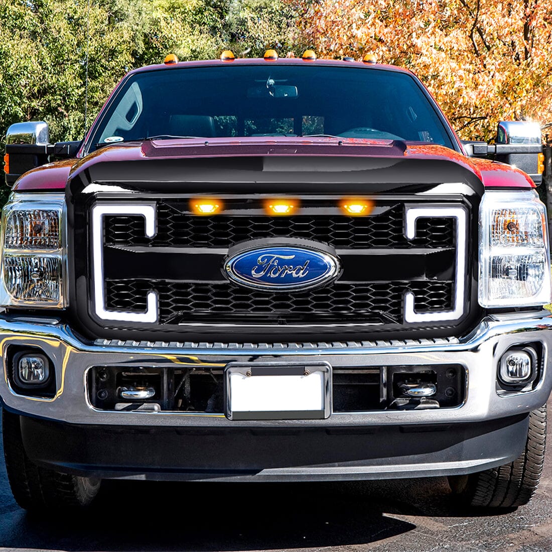 Raptor Style Mesh Grille W/DRL & Turn Signal Lights Emblem Base - Glossy Black For 2011-2016 ford f250/350/450/550 super duty| Amoffroad