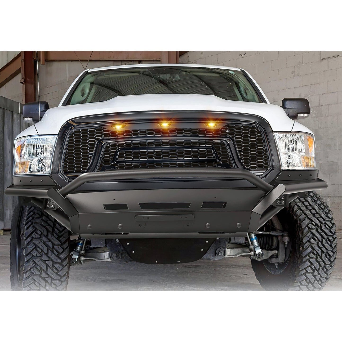 Rebel Style Front Grille W/Amber Led Lights-Glossy Black For 2013-2018 Dodge Ram 1500| Amoffroad