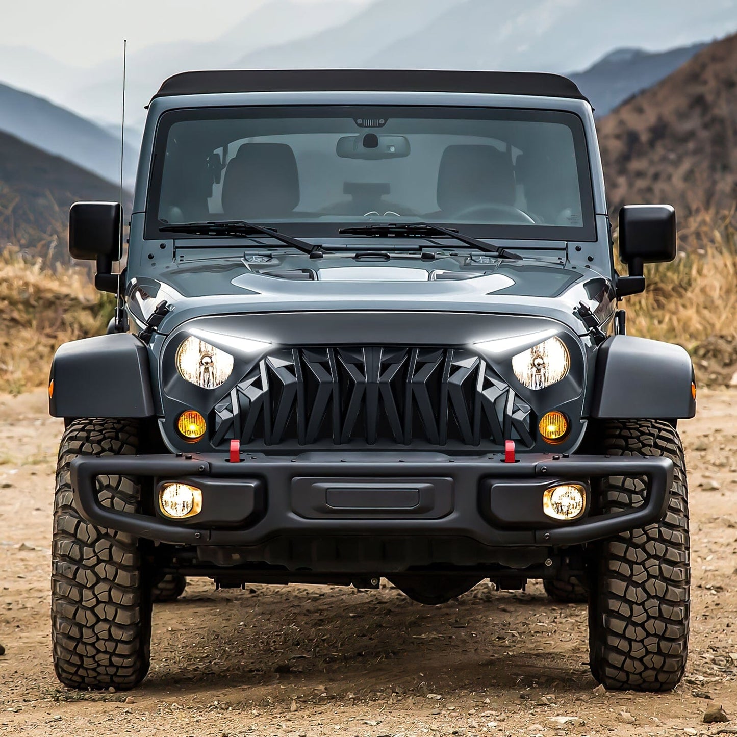 Shark Grille w/ LED Eyebrow DRL and Turn Signals - Matte Black For 07-18 Jeep Wrangler JK | AM Off-Road