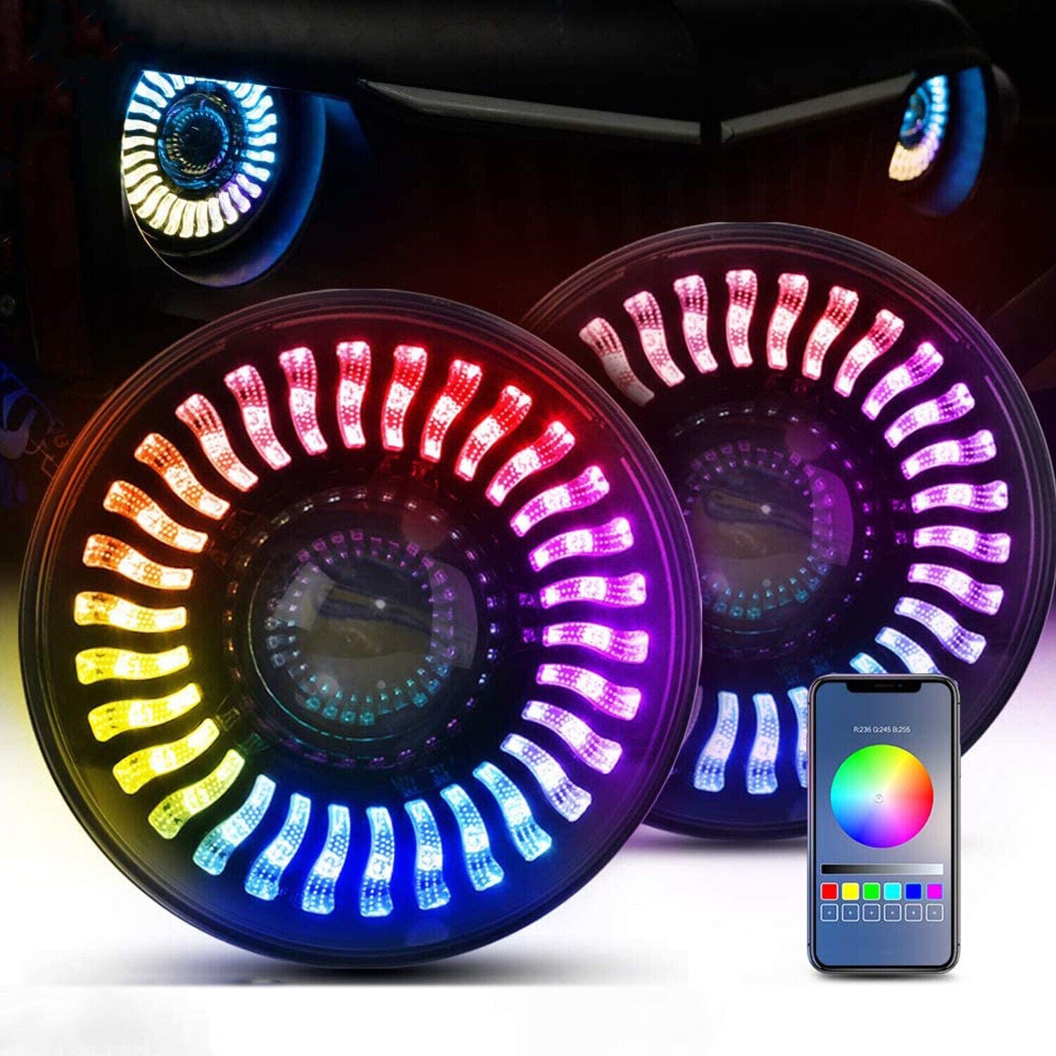 7 inch LED Demon Halo Headlights RGB Combo Chasing for Jeep Wrangler JK JKU  TJ