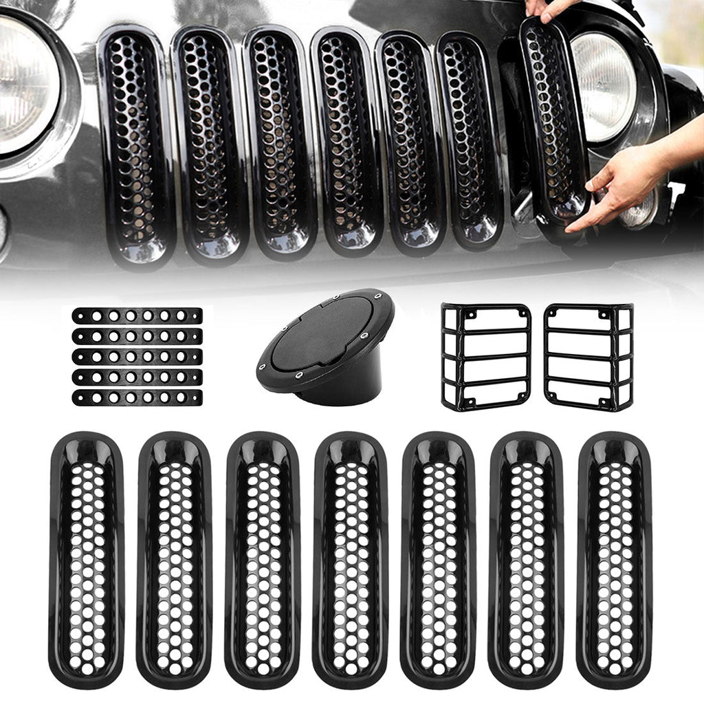07-18 Jeep Wrangler JK/JKU Aluminum Door Grab Handle Inserts  Black Gas  Fuel Tank Cover  Black Euro Tail Light Covers  Glossy Black Clip-in Mesh  Grill Inserts Combo