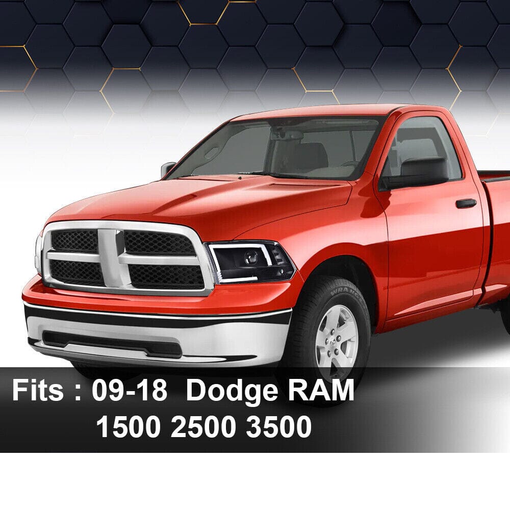 Black LED Tube Projector Headlights Headlights For 2009-2018 Dodge Ram 1500 2500 3500