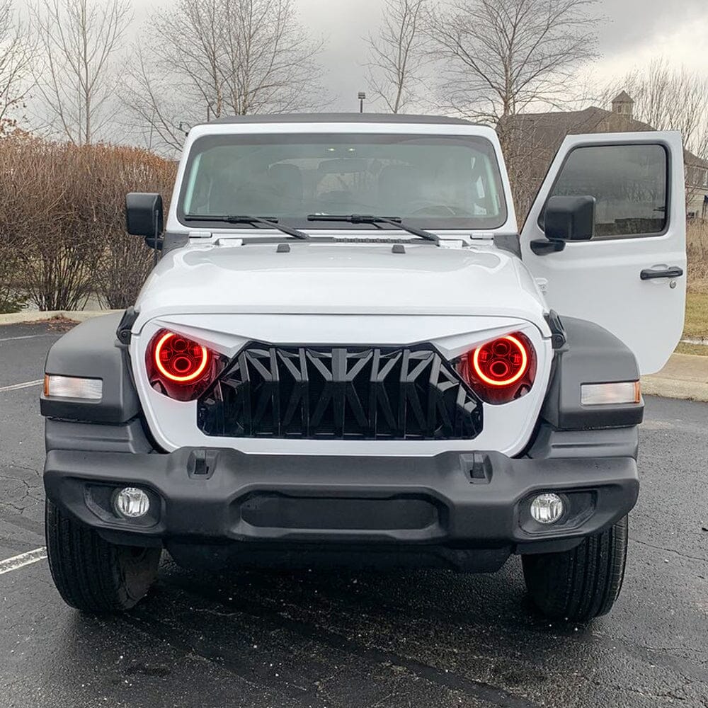 Black & White Shark Grille w/ Mesh & RGB Halo Headlights Combo for 18+ Wrangler JL & Gladiator JT
