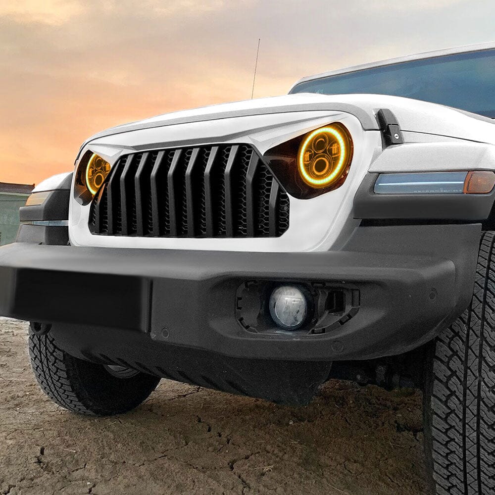 Black & White Vader Grille w/ Mesh & RGB Halo Headlights Combo for 18-23 Wrangler JL