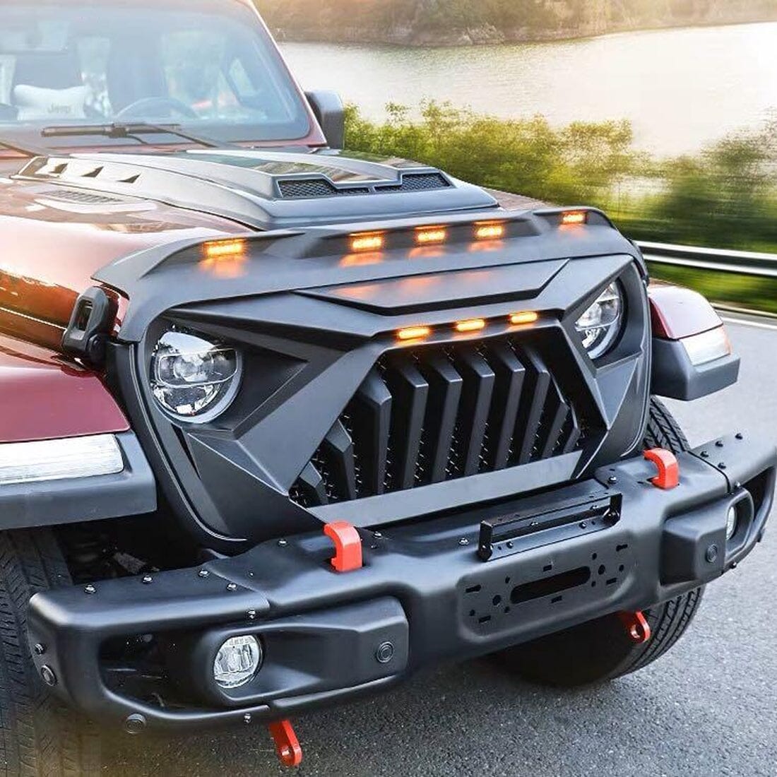 Front Hood Protector Stone Guard w/ Amber LED Lights for 18-23 Jeep Wrangler JL & Gladiator JT