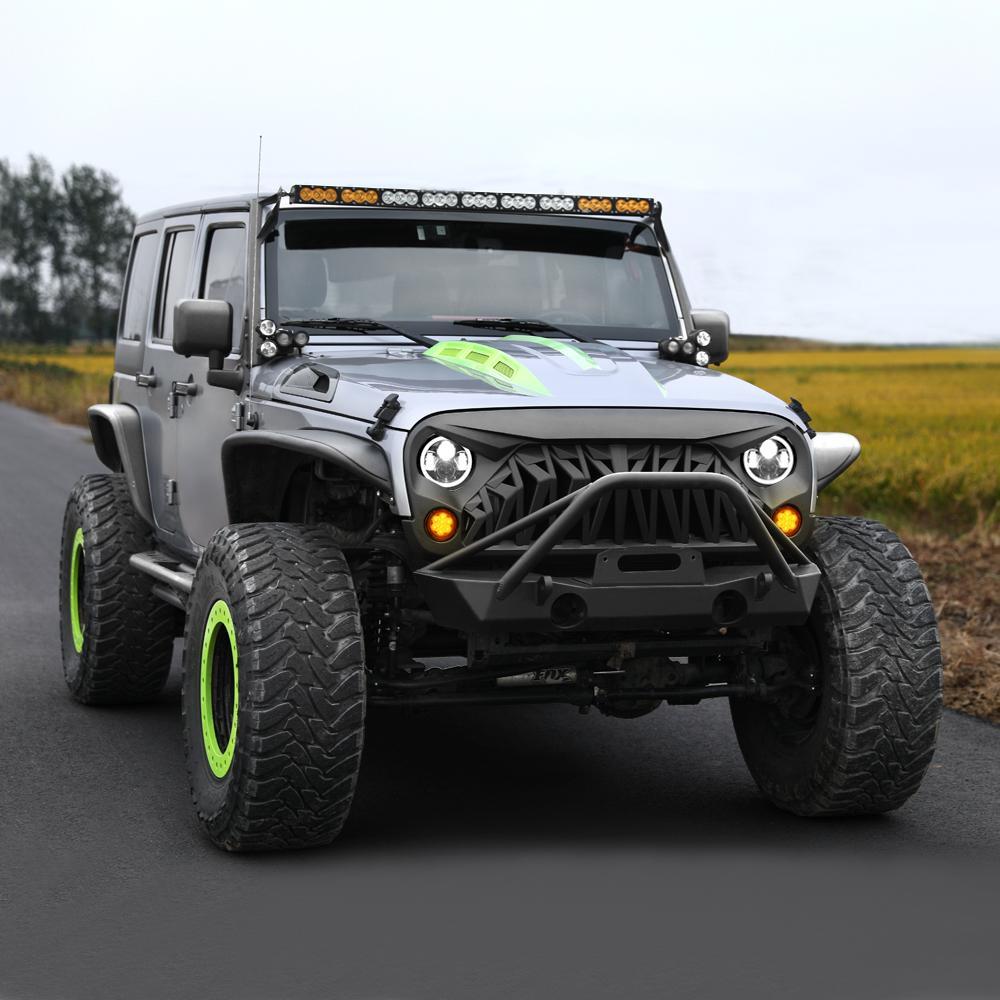 jeep wrangler shark grille & halo headlights & smoked turn signal lights