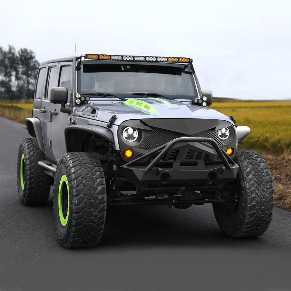 Jeep Wrangler JK Hawke Grille - Matte Black & Halo Headlights & Smoked Turn Lights Combo