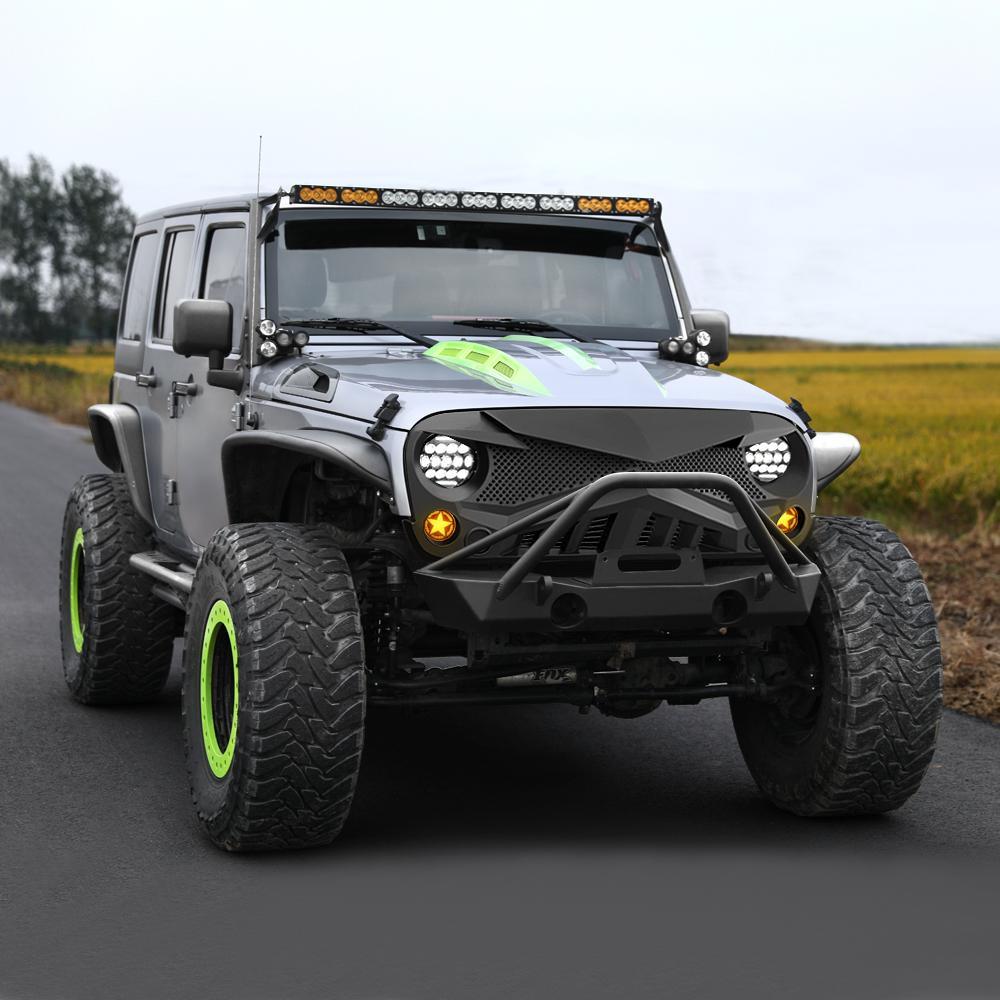 Jeep Wrangler JK Hawke Grille & Smoked Star Turn Lights & 13 Bulbs Headlights Combo