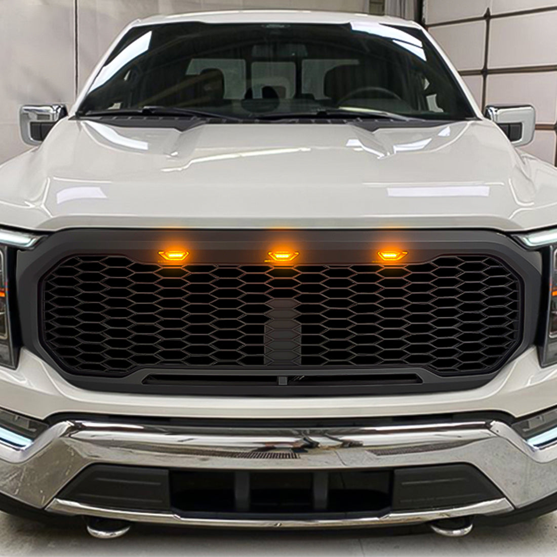 Raptor Style Front Mesh Grille W/3 Amber Lights-Matte Black For 2021-2022 Ford F150丨Amoffroad