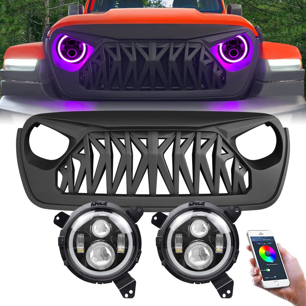 Halo Headlights & Shark Grilles Combo for Jeep JL &