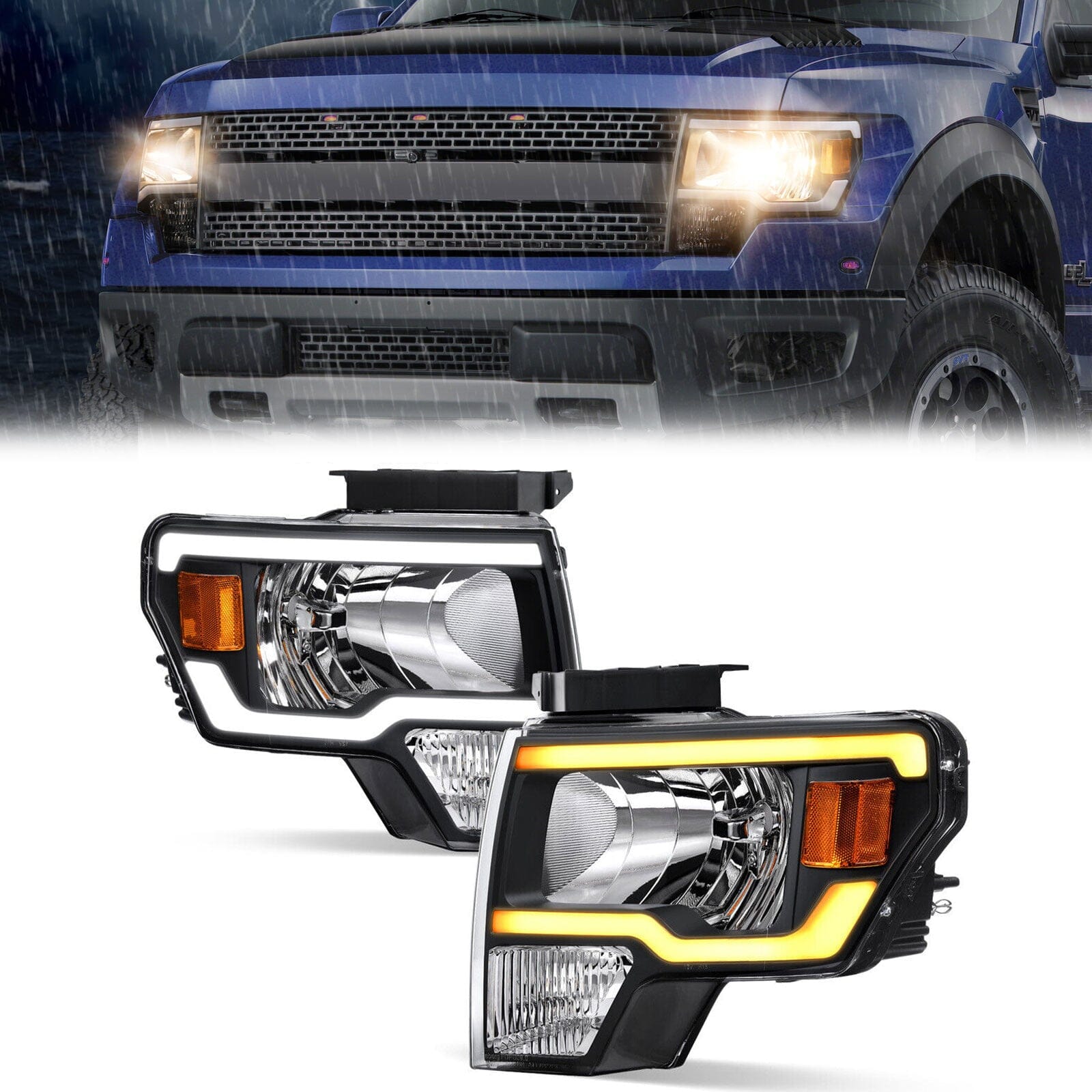 Switchback Sequential LED DRL Headlights W/DRL LED Tube Bar For 2009-2014  Ford F150