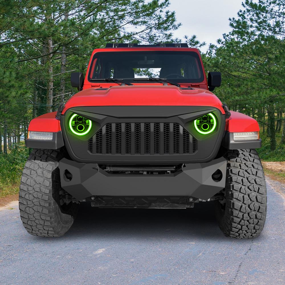 Vader Grille w/ Mesh & RGB Halo Headlights Combo for 18+ Wrangler JL& Gladiator JT