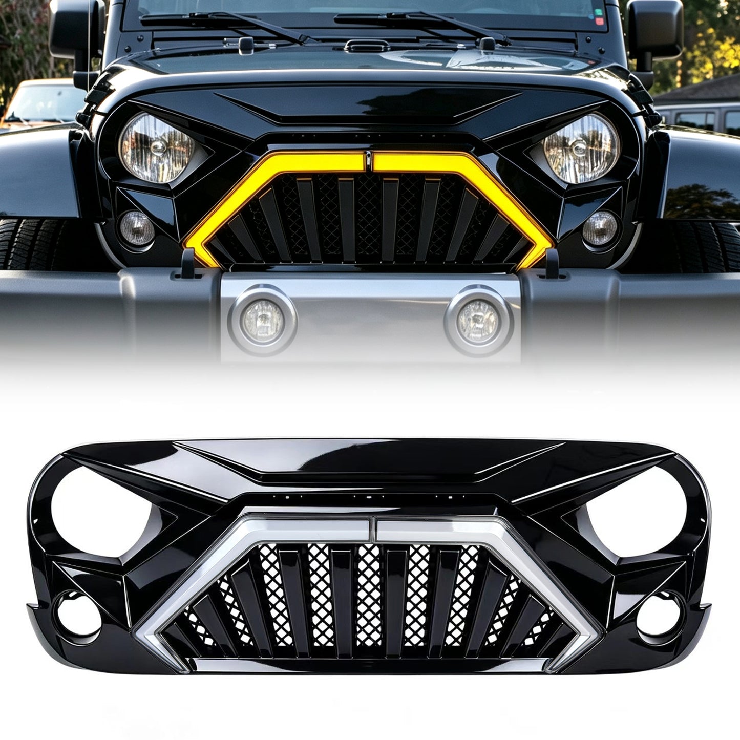 Goliath Grille W/ LED DRL and Turn Signals - Glossy Black For 07-18 Jeep Wrangler JK | Amoffroad