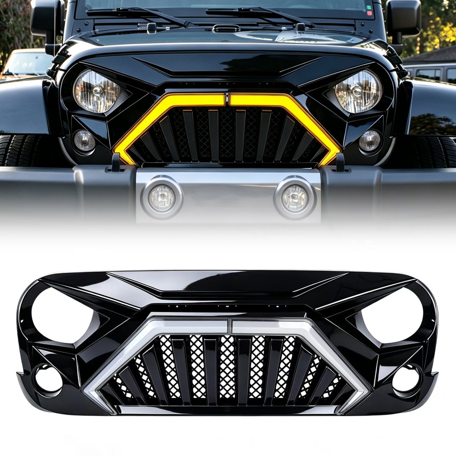 Goliath Grille W/ LED DRL and Turn Signals - Glossy Black For 07-18 Jeep Wrangler JK | Amoffroad