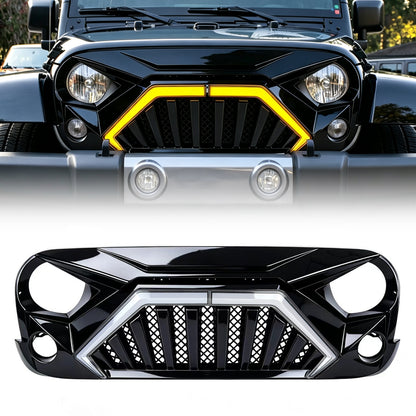 Goliath Grille W/ LED DRL and Turn Signals - Glossy Black For 07-18 Jeep Wrangler JK | Amoffroad