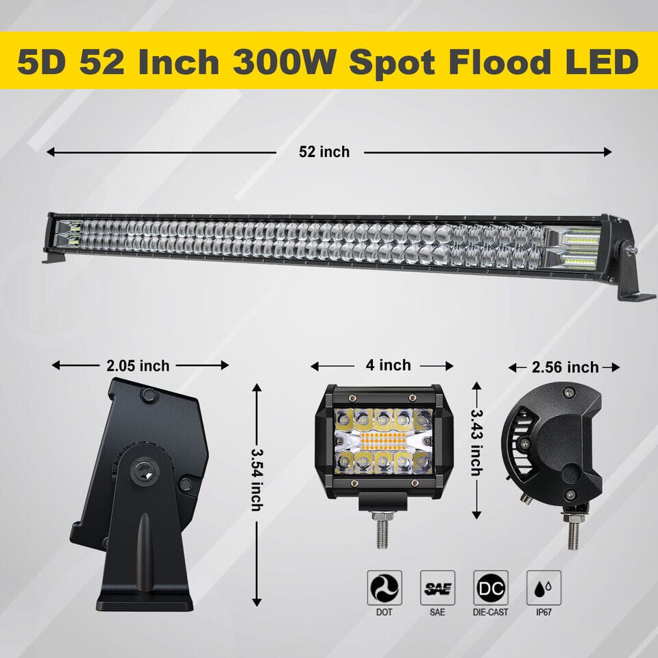 52" LED Work Lights Bar 4" Pods Offroad Lights +Mount Bracket For 07-17 Jeep Wrangler JK