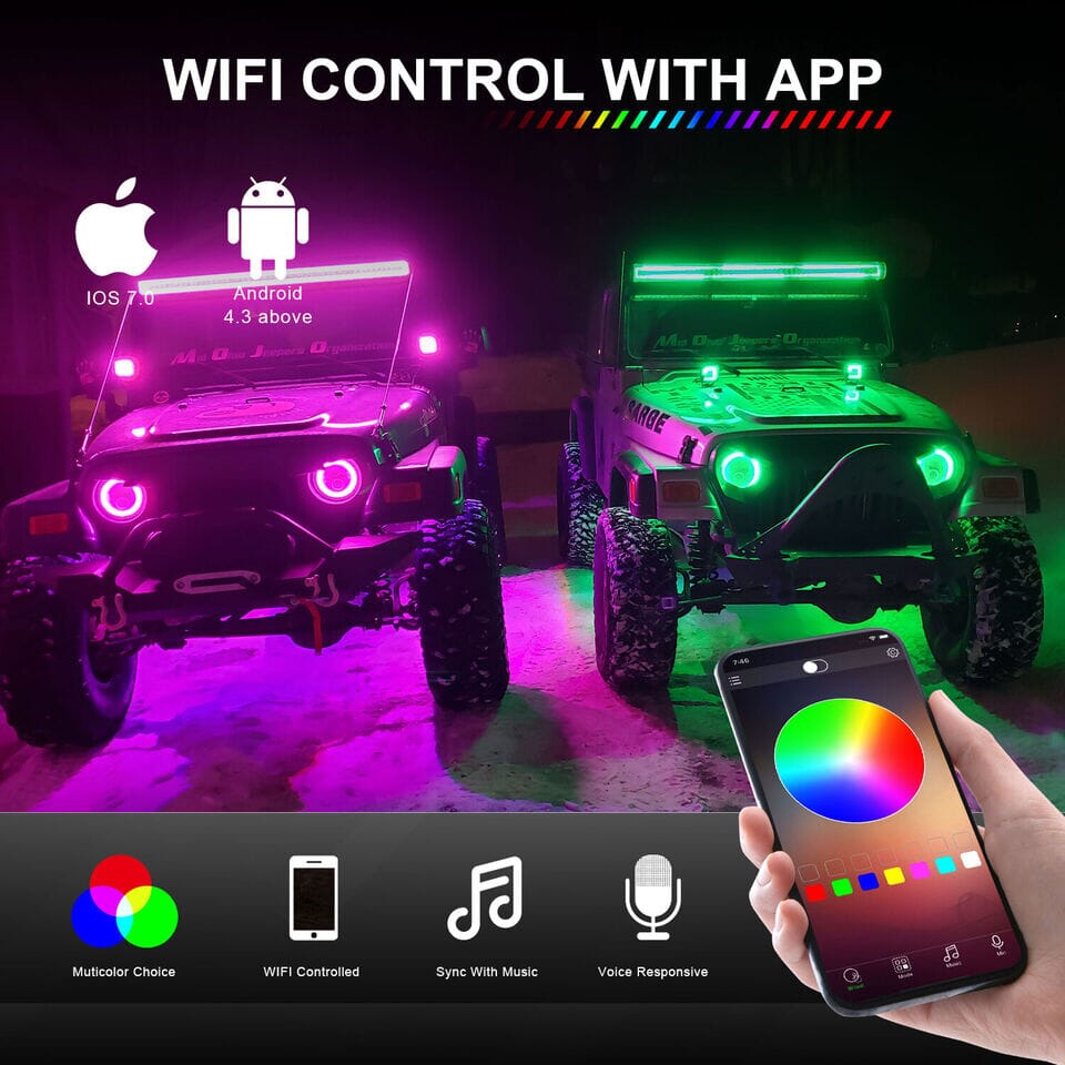 52" RGB LED Light Bar + LED Pods w/Mounting Bracket For  2007-2018 Jeep Wrangler JK