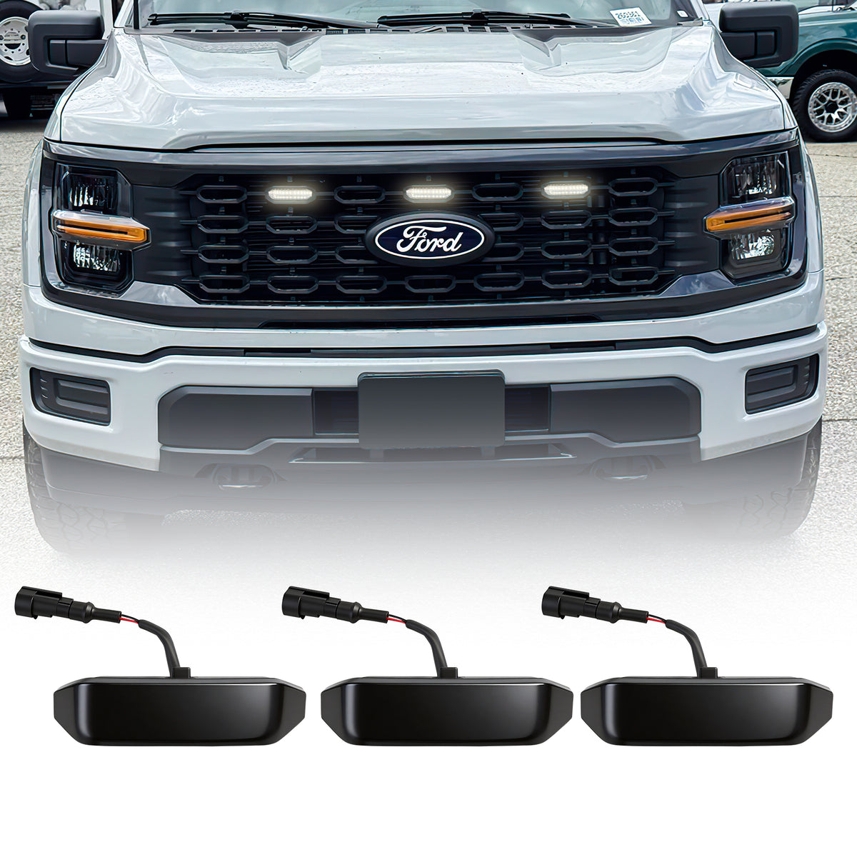 Smoked Lens White LED Raptor Style Grille Lights for 2024+ Ford F-150 STX (3PC Kit) | Amoffroad