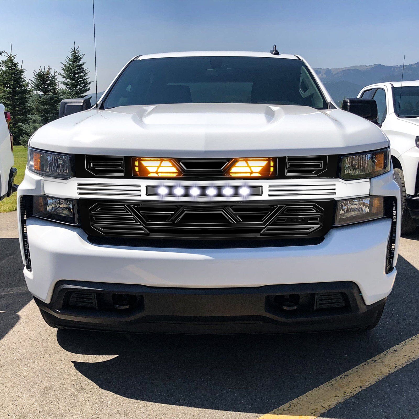 Armor Front Grille W/ Off-Road Lights & Amber Lights - Chrome Glossy Black For 2019-2021 Chevy Silverado 1500| Amoffroad