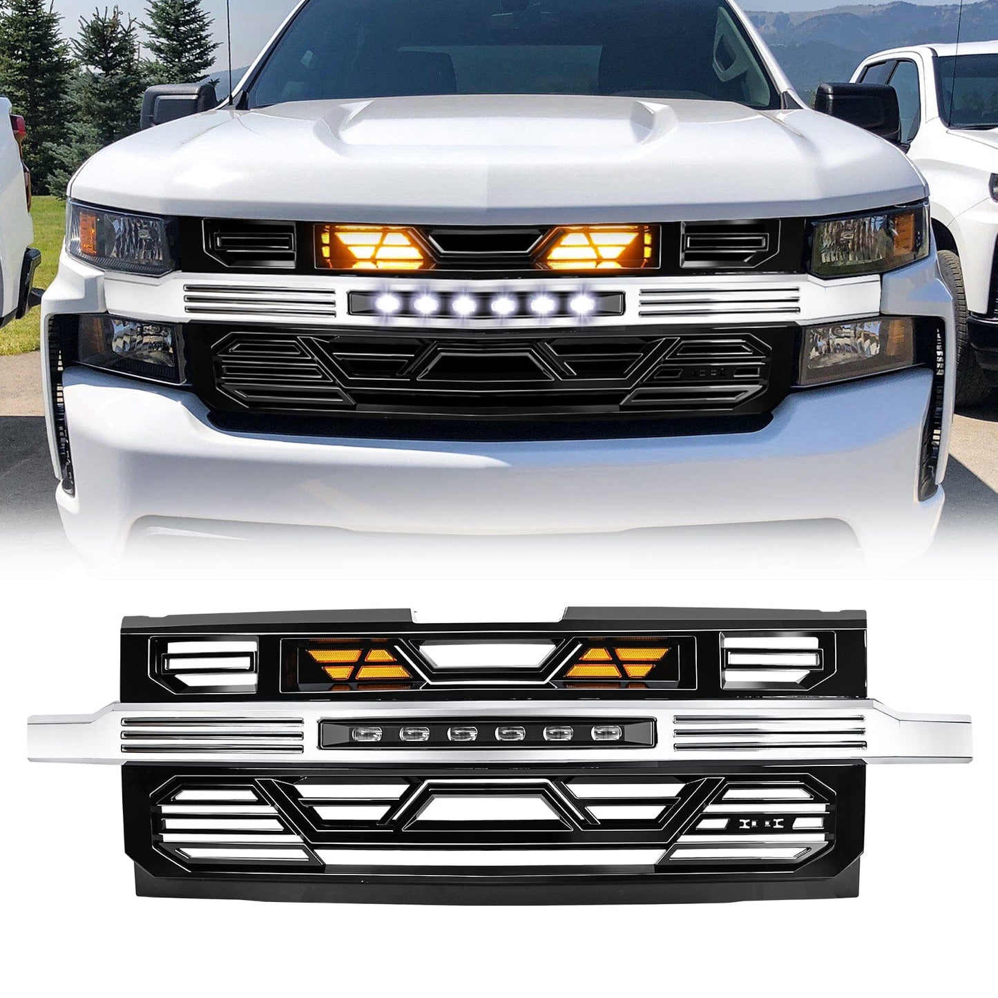 Armor Front Grille W/ Off-Road Lights & Amber Lights - Chrome Glossy Black For 2019-2021 Chevy Silverado 1500| Amoffroad