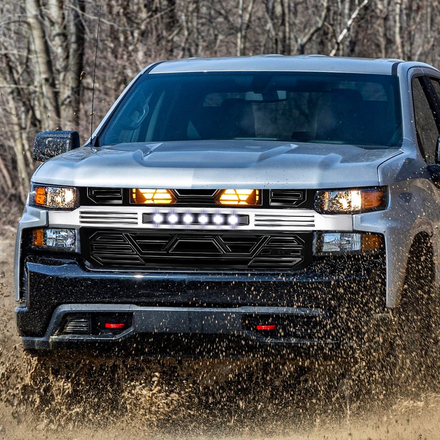 Armor Front Grille W/ Off-Road Lights & Amber Lights - Chrome Glossy Black For 2019-2021 Chevy Silverado 1500| Amoffroad