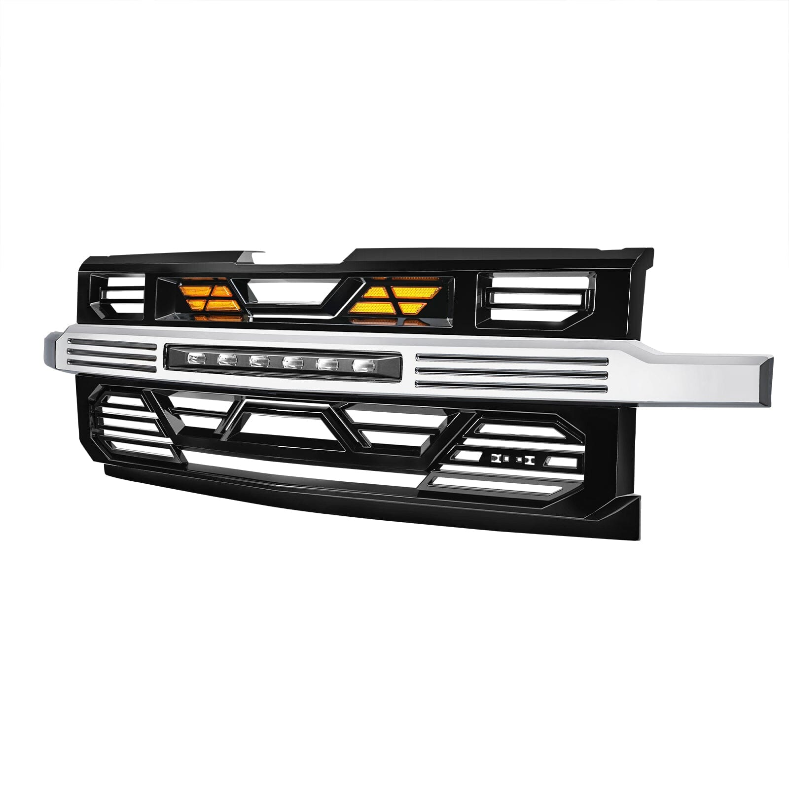 Armor Front Grille W/ Off-Road Lights & Amber Lights - Chrome Glossy Black For 2019-2021 Chevy Silverado 1500| Amoffroad