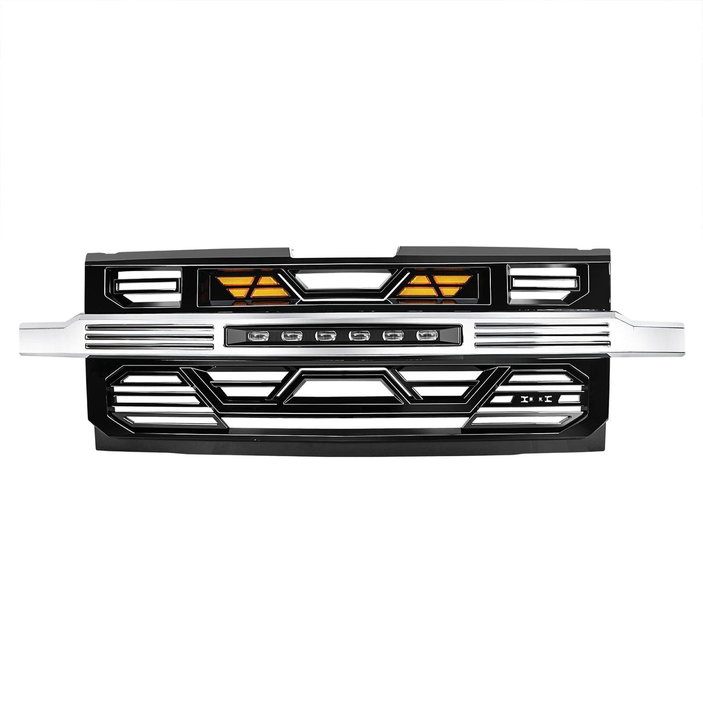 Armor Front Grille W/ Off-Road Lights & Amber Lights - Chrome Glossy Black For 2019-2021 Chevy Silverado 1500| Amoffroad