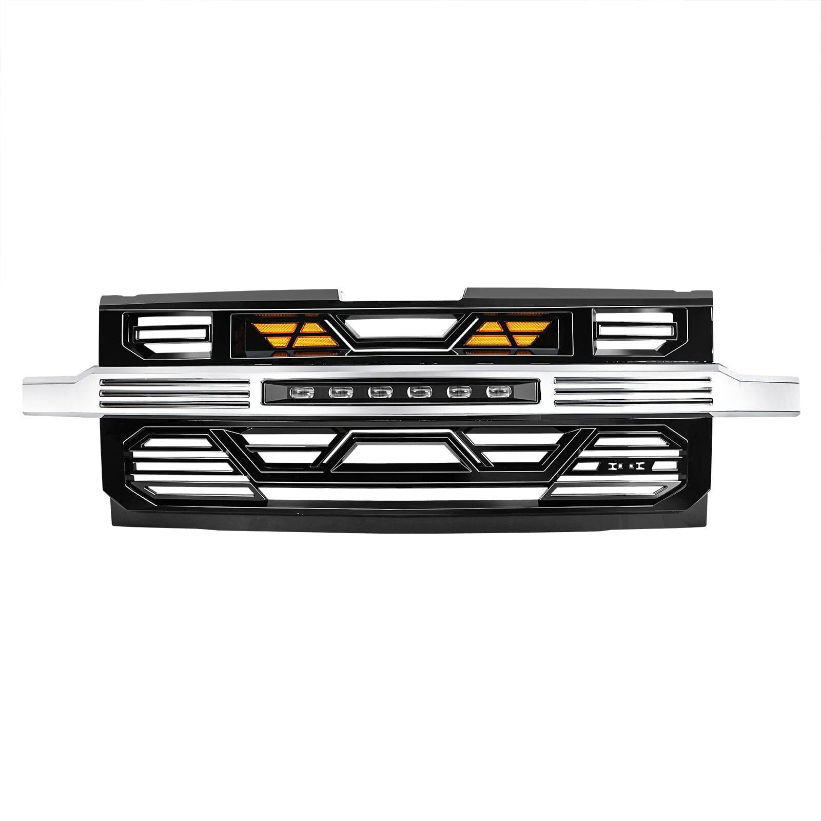 Armor Front Grille W/ Off-Road Lights & Amber Lights - Chrome Glossy Black For 2019-2021 Chevy Silverado 1500| Amoffroad