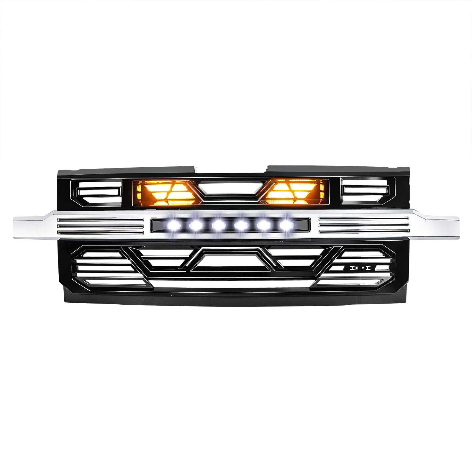 Armor Front Grille W/ Off-Road Lights & Amber Lights - Chrome Glossy Black For 2019-2021 Chevy Silverado 1500| Amoffroad